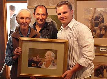 Jane Goodall with artists Leigh Rust and Patrick Hedges